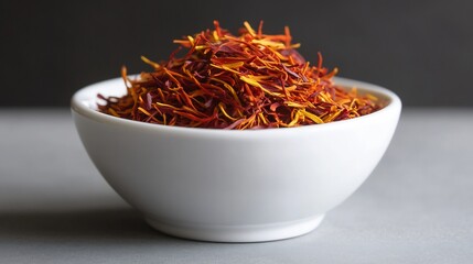 Fototapeta premium Turkish Safranbolu Saffron threads a white ceramic bowl high key lighting making golden red hues glow vibrantly pristine and clean culinary presentation