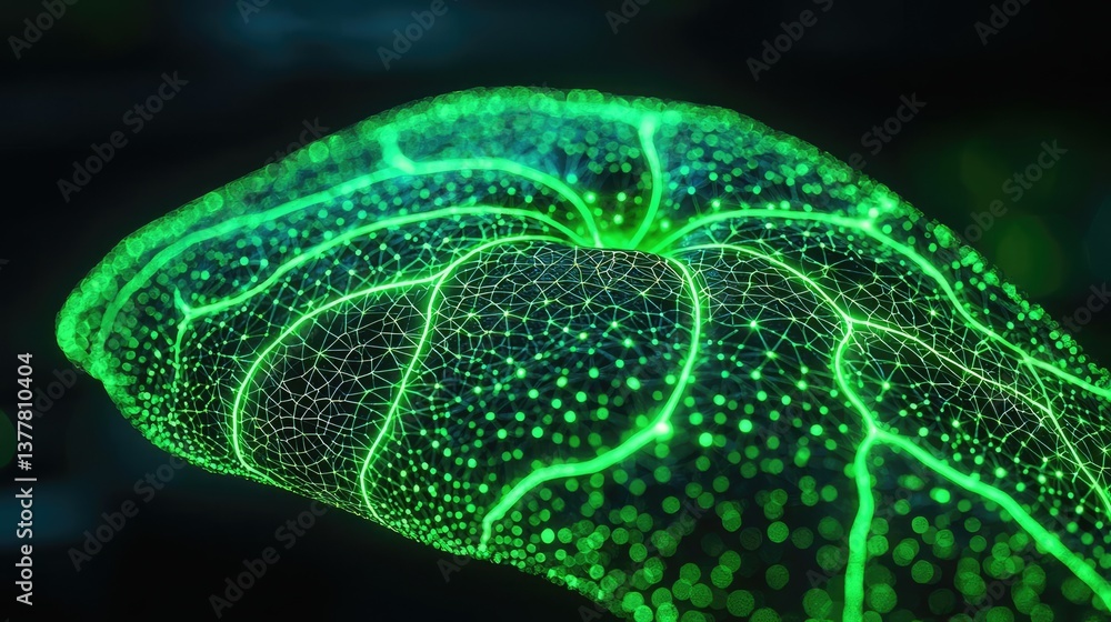 Poster cyberpunk biotech with futuristic greenery network concept. close-up view of a glowing green leaf wi