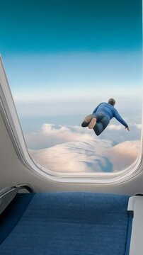 Man in blue shirt it flying out through an open airplane door mid-flight with clouds outside, captured from inside a passenger cabin. Airplane emergency concept

