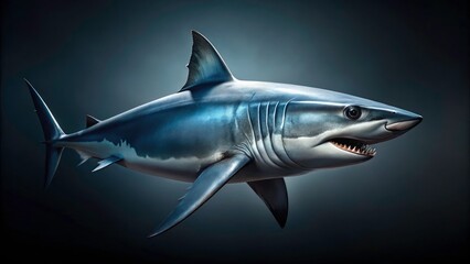 Obraz premium Mako Shark Side Profile, Ocean Predator, Marine Life Photography, Isolated Dark Background, White Copy Space, Wildlife Image, Stock Photo, High-Resolution Image, Professional Product Photography