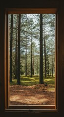 View of a serene forest landscape from a wooden cabin window during daytime