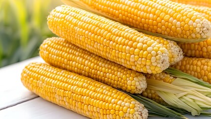 A stack of fresh yellow corn on the cob, showcasing its plump kernels and green husks. Concept Fresh Corn on the Cob, Plump Kernels, Green Husks, Farm Fresh Produce, Cooking Inspiration