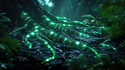 Cyberpunk biotech with glowing digital technology concept. Mystical glowing roots weave through lush forest floor vegetation.