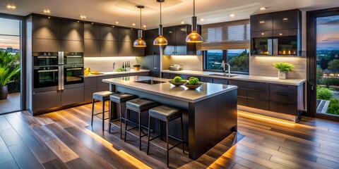 Modern Kitchen Design: Sleek Black Cabinets, Aerial View, Warm Lighting