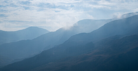 Obraz premium Hazy hills above Glen Trool, Galloway Hills, Dumfries & Galloway, Scotland