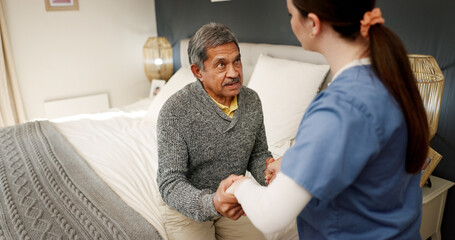 Nurse, senior man and discussion with support, empathy and healthcare for retirement. Patient,...