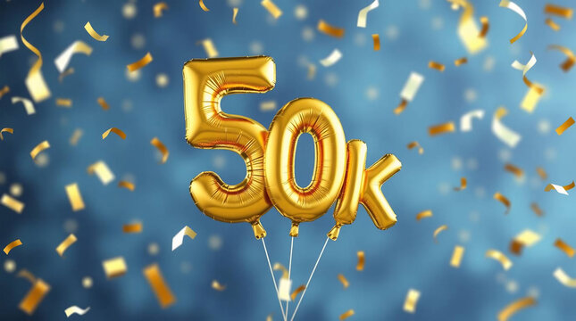 50K followers celebration gold number and golden confetti. 3D Render