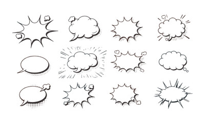 A modern vector illustration of a collection of blank comic speech and thought bubbles, easily editable.