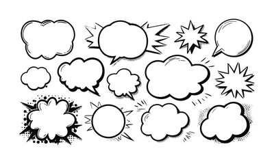 A modern vector illustration of a collection of blank comic speech and thought bubbles, easily editable.