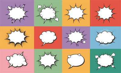 A modern vector illustration of a collection of blank comic speech and thought bubbles, easily editable.