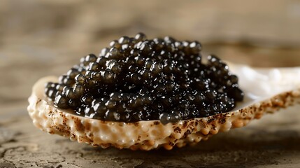 Ultra detailed macro photo of premium black caviar served mother of pearl spoon glistening soft ambient lighting highlighting delicate texture rich color captured macro lens a luxurious dining setting