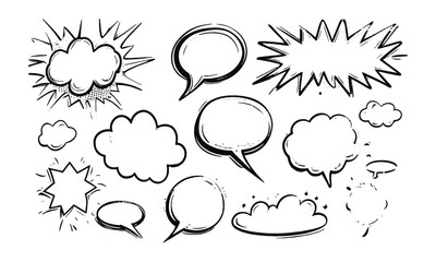 A modern vector illustration of a collection of blank comic speech and thought bubbles, easily editable.