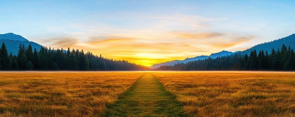 Fototapeta premium Pine forest sunset sky painted in radiant colors over peaceful meadow concept. A scenic sunset view over a golden field and distant mountains.