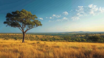Obraz premium Lone tree and vast grassland under clear sky