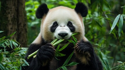 Obraz premium A panda bear is eating bamboo in a forest