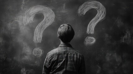 Young caucasian male contemplates mystery facing chalkboard with question marks