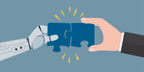 Human and Artificial Intelligence working together. Machine learning. Chat bot or automation to help or support work. Businessman and AI robot hand connect jigsaw puzzle.