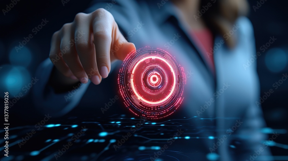 Poster a hand interacts with a digital interface, highlighting innovation and technology in a futuristic se