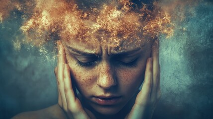 Obraz premium Young caucasian female experiencing stress and mental overload with fiery emotions