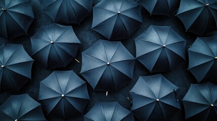 Fototapeta premium Top view of black umbrellas in rainy weather arrangement
