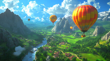 Fototapeta premium Vibrant hot air balloons drift serenely over lush green valley, painting sky with joy. landscape feels peaceful and grand