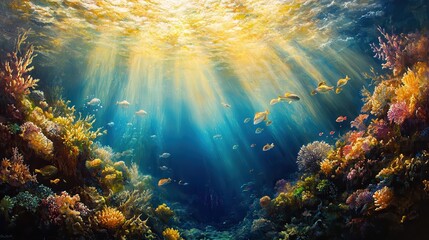 Fototapeta premium Vibrant underwater coral reef with sunlight and colorful marine life