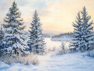Scenic Winter Snow Landscape with Frosty Pine Trees and Golden Sunset Light