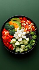 A colorful bowl showcases quinoa, legumes, macaroni and cheese, and fresh vegetables, artfully arranged to emphasize health and beauty