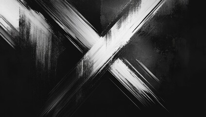 Abstract grayscale brushstrokes intersect on a dark background