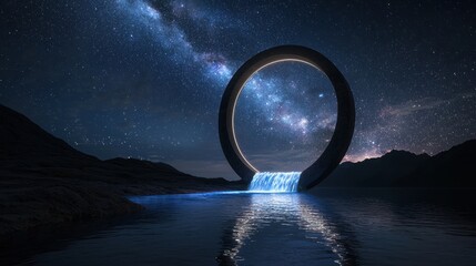 A curved moon bridge with waterfalls flowing into a glowing lake, stars above forming celestial arcs