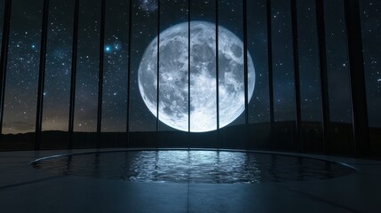 A digital moon and waterfall simulation inside a glass observatory, stars projected onto holographic ceilings