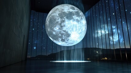A digital moon and waterfall simulation inside a glass observatory, stars projected onto holographic ceilings