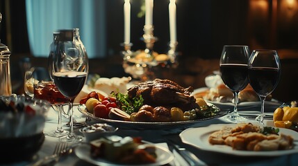 Dinner table full of food and drink with handheld camera motion