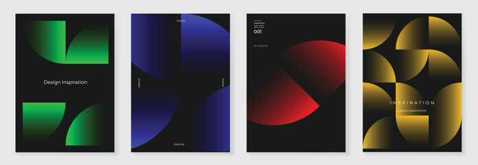 Modern gradient poster background vector set. Minimalist cover template with vibrant perspective geometric prism shapes in motion. Ideal design for social media, cover, banner, flyer.