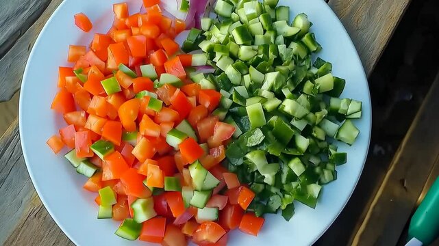 Colorful diced vegetables arranged neatly on a plate prior to meal preparation outdoors