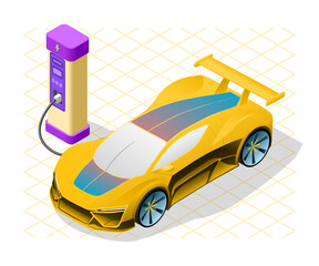 Isometric vector illustration of a futuristic yellow electric sports car at a charging station. Vibrant colors and modern design. Perfect for automotive, technology, and eco-friendly themes.