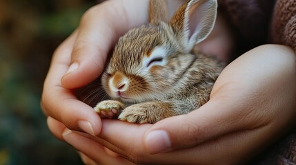 Baby rabbit gently cradled in a person's hands, highlighting the innocence and tenderness of small pets --