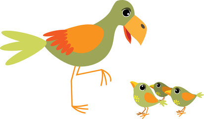 A green fantasy bird with three chicks.