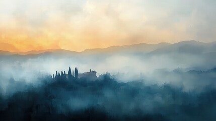 Obraz premium Misty sunrise over countryside landscape with silhouetted trees and rolling hills