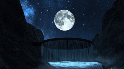 A dream pavilion floating above a glowing waterfall, full moon centered in the sky, stars pulsing like breath