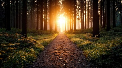 Fototapeta premium Sunset forests glow over misty meadow with radiant sunbeam concept. Sunset illuminating forest pathway with lush greenery.
