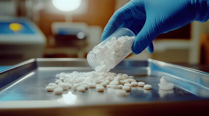 A healthcare professional pouring white tablets from a container onto a metal tray in a clinical setting.