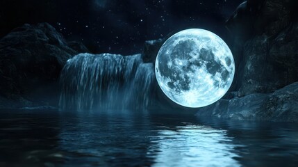 A floating orb reflecting the moon over a soft glowing waterfall, stars swirling gently in orbit