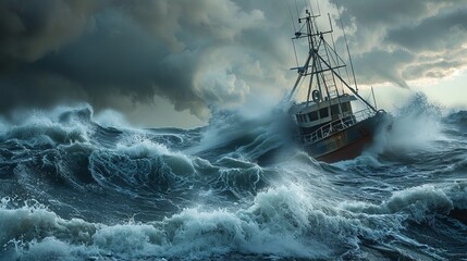 Obraz premium A fishing boat struggles against towering waves during a storm, showcasing the power of nature's fury.