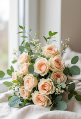 Elegant peach rose bouquet with eucalyptus on neutral backdrop, floral beauty