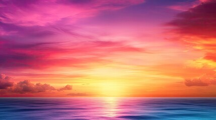 Obraz premium Sunset over the ocean scenic view with vibrant sky and dramatic dusk concept. A vibrant sunset over calm ocean waters, showcasing vivid colors.