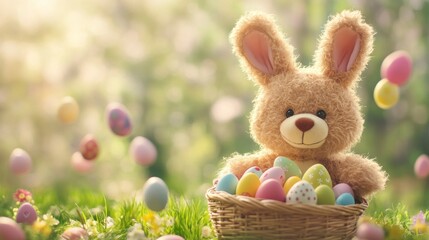 Easter Bunny with Colorful Eggs in Basket and Spring Meadow