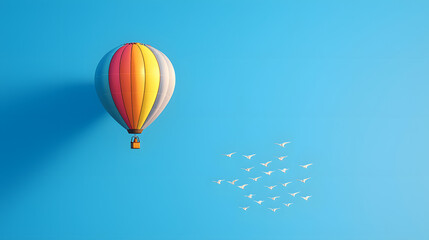 Obraz premium A vibrant hot air balloon gracefully floats in a clear blue sky, accompanied by a flock of birds, evoking a sense of freedom and adventure.