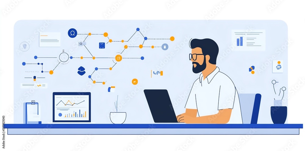 Poster focused man working on laptop with data visualization