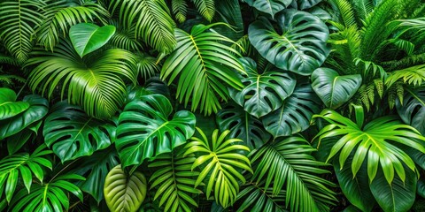 Panoramic Tropical Paradise: Lush Monstera, Palm, Rubber Plant, Fern & Pine Leaves